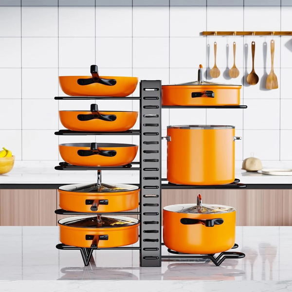 A pot storage rack with 8 layers for pots, bowls, and pans, suitable for kitchen cabinets, cookware storage, and lid storage, upgraded version