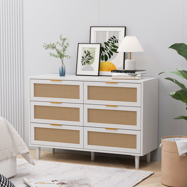 43.31"6-Drawers Rattan Storage Cabinet Rattan Drawer,for Bedroom,Living Room,White