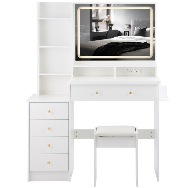 41" Large Size Left Bedside Cabinet Vanity Table+Cushioned Stool Dresser Set, 2 AC+2 USB Power Station, Hair Dryer Stand, Extra Large Touch Control LED Mirror, 3-color Switch, EPA, GCC, UL Certificate