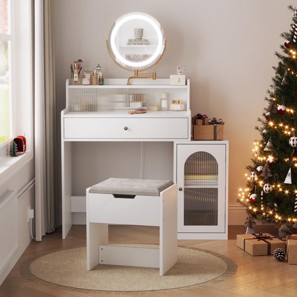 White Vanity Desk with 360° Rotated Mirror and Adjustable Lights, Girls Makeup Vanity Table with Storage Chair and Side Cabinet with Waveform Glass Doors, Dressing Table with Drawer for Bedroom