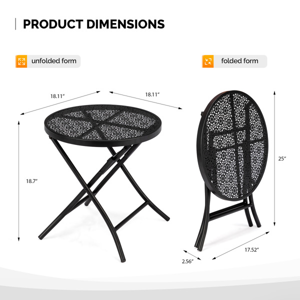 18 inch Folding Patio Side Table, Metal Steel Outdoor Round Coffee Table with Flower Cutouts for Patio Yard Balcony Garden, Black