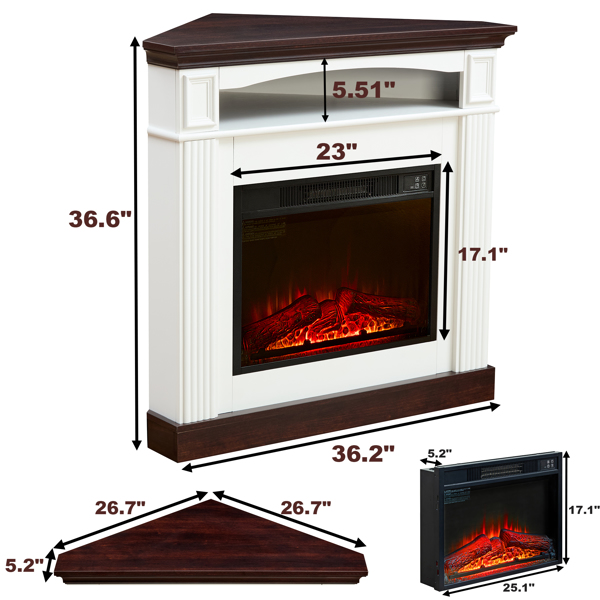 Corner electric fireplace with mantelpiece for living room or bedroom, replaceable fireplace insert heaters, realistic log and flame effects, remote control, timer