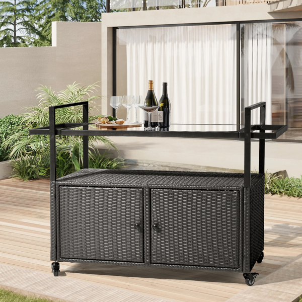 Outdoor Bar Cart Table, Large Wicker Island Rolling Cart, Wheeled Buffet Serving Cart with Glass Top & Storage Cabinet & Handles for Porch Backyard Garden Poolside, Black