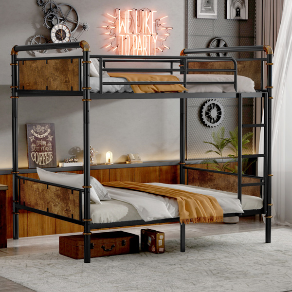 Twin XL over Twin XL Metal Bunk Bed, Industrial Detachable Bunkbeds with Safety Guard Rails for Teens, Black (Expect arrival date 2024/12/28)