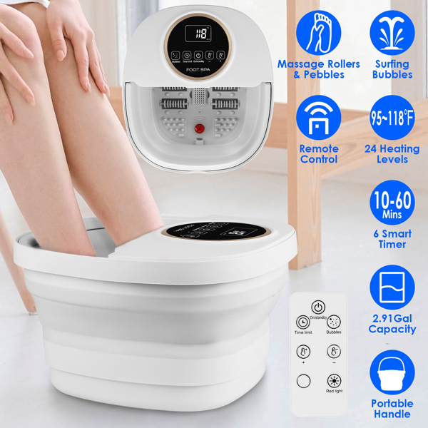 Collapsible Foot Spa Massager Electric Foldable Foot Soaker Tub with Remote Control Handle Surfing Bubbles 24 Heating Levels 6 Timer 6 Massage Rollers 48 Simulated Pebbles Pill Box