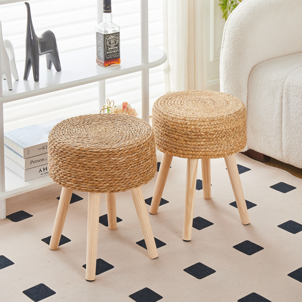 Round Ottoman Footstool Natural Seagrass Foot Stool Pouf Ottomans with Solid Wood Legs Hand Weave Hyacinth Footrest Step Stool for Living Room Balcony Garden Natural