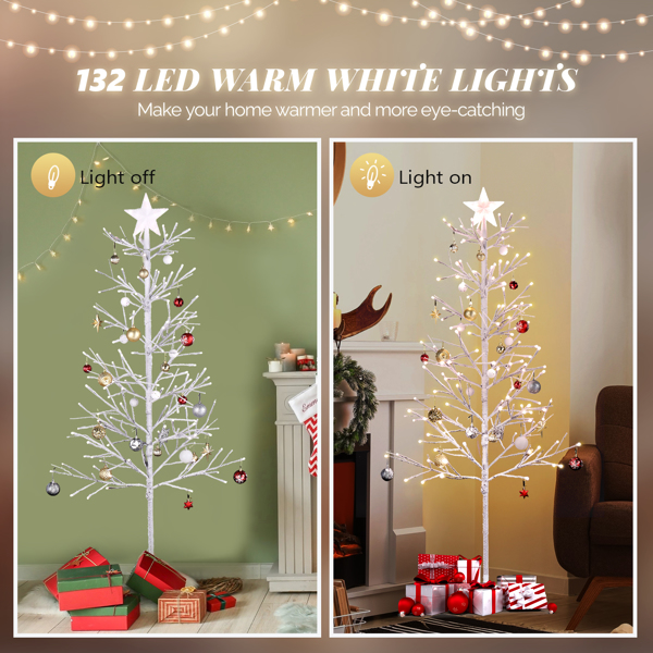 6ft With Stars On The Top, Snowy Fir Shape, Plastic Material, 132 Lights, Warm White Two-Color 8 Modes With Remote Control, 132 Branches, Indoor Tree Lights,White