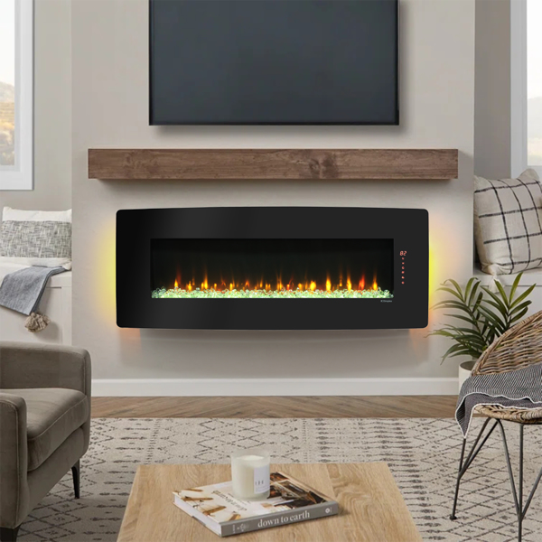 48 inch Curved Front Wall Mounted Electric Fireplace with remote and multi color flame & emberbed