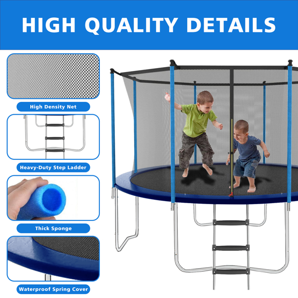 12ft Blue Outdoor Toddler Trampoline with Enclosure Safety Net Jumping Fun Trampoline, heavy-duty jump pads, spring-loaded for children and adults,  Gifts for Boys/Girls