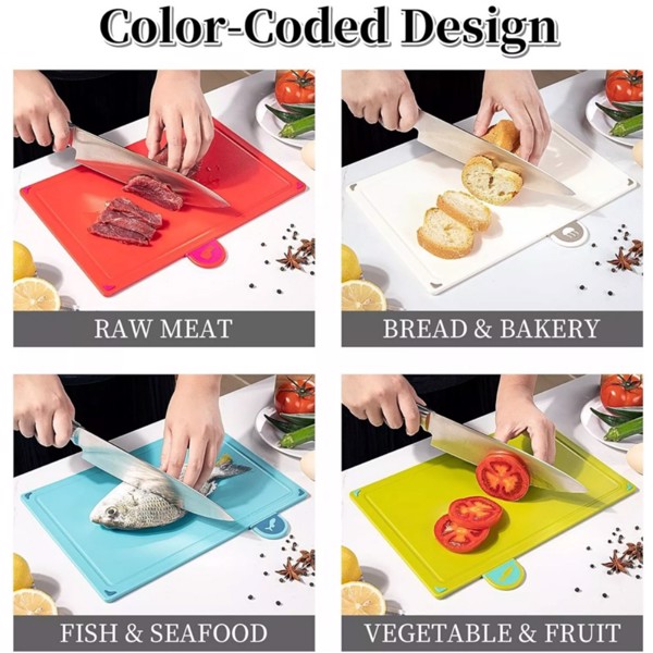 ​​​COLOURED 4X CHOPPING BOARD SET NON-SLIP INDEX CUTTING BOARD WITH STAND ZENO