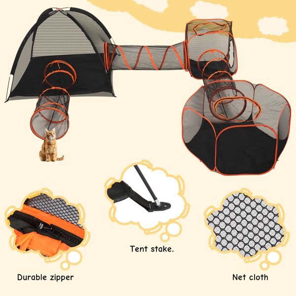 Outdoor Cat Enclosures for Indoor Cats, 6 in 1 Portable Cat Play Tent with Tunnels and Cat Houses for Indoor Outdoor, Cat Playpen Enclosed for Cats Rabbits and Small Animals, Orange