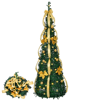 6 FT Fully Decorated Pre-lit Christmas Tree, Pop Up Artificial Xmas Tree with 80 Warm Lights Battery Operated and Golden & Silver Ornaments for Home Office Store Holiday Deco