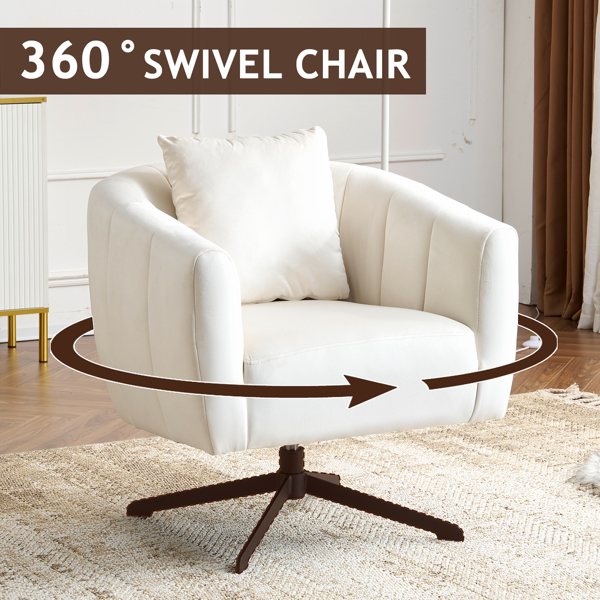 360° Swivel Accent Chair, Modern Velvet Fabric Living Room Armchair, Comfy Wide Upholstered with Fluffy Cushion and Metal Legs, Barrel Chairs for Living Room, Lounge, Office Off white