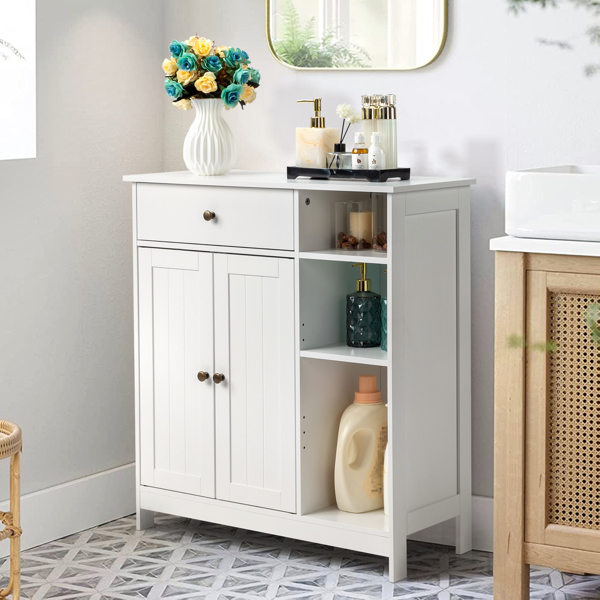 Double-Door Bathroom Cabinet with 2, Adjustable Panels, 1 Drawer and 3 Side Shelves, White 