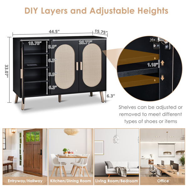 FCH 3-door vertical shoe cabinet particle board + plastic rattan black frame + original wood rattan surface + gold high feet