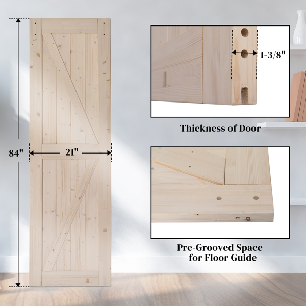 48 in. x 84 in. Unfinished Sliding Double Barn Door with 8FT Barn Door Hardware Kit & Handle ，K Frame，Solid Spruce Wood，Requires Simple DIY Assembly