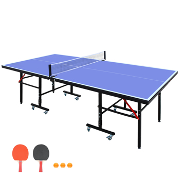 8ft Mid-Size Table Tennis Table Foldable & Portable Ping Pong Table Set for Indoor Games with Net, 2 Table Tennis Paddles and 3 Balls