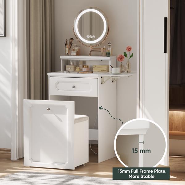 White Makeup Vanity Desk  with Round Mirror and Lights, 2 in 1 Nightstand, Dressing Table with a Chair