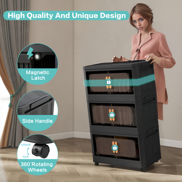 Black,19.69" Side Wide Folding Storage Cabinet ,3 Tiers,19.69"×11.81"×31.10",Collapsible Storage Bins with Magnetic Door, Plastic Storage Cabinet with Wheels