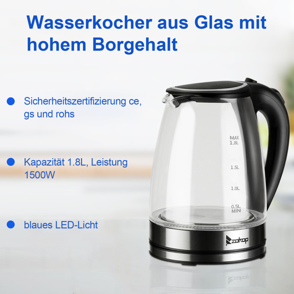 ZOKOP HD-1857-A 220V 2200W 1.8L Electric Glass Kettle EU Plug