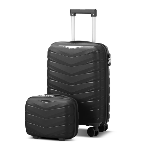  V-striped 2-piece suitcase with PP handbag PP trolley case 14in 20in PP iron trolley classic color - black (grained pattern)