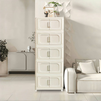 Cream White,19.69\\" Side Wide Folding Storage Cabinet ,5 Tiers,19.69\\"×11.81\\"×50.00\\",Collapsible Storage Bins with Magnetic Door, Plastic Storage Cabinet with Wheels