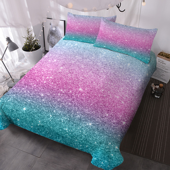 Colorful Glitter Bedding Girly Turquoise Blue Pink and Purple Pastel Colors Duvet Cover 3 Piece Trendy Bed Spreads Queen Size Comforter Cover Sets for Girls