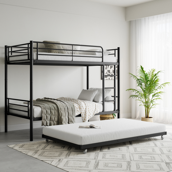 Twin Bunk Bed with Trundle Metal Bunkbeds with Ladder and Full-Length Guardrail, Noise Free, No Box Spring Needed, Black