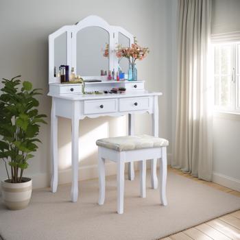 Wooden Vanity Make Up Table and Stool Set, White