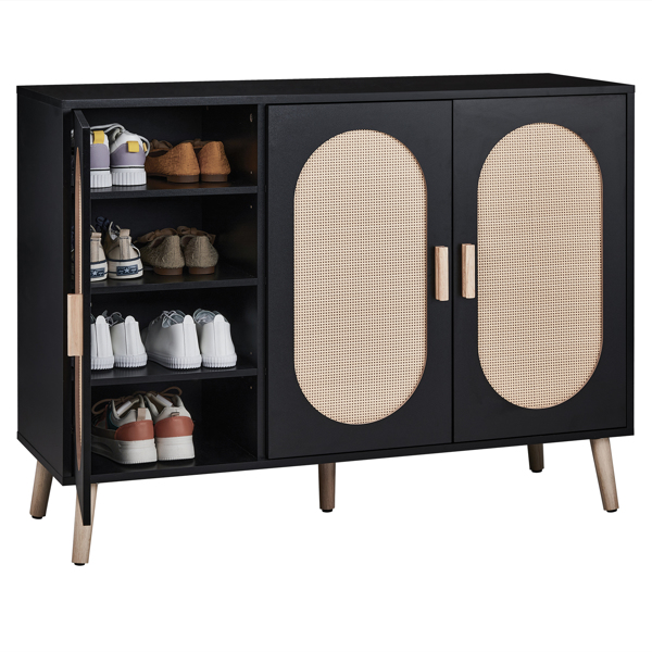 FCH 3-door vertical shoe cabinet particle board + plastic rattan black frame + original wood rattan surface + gold high feet