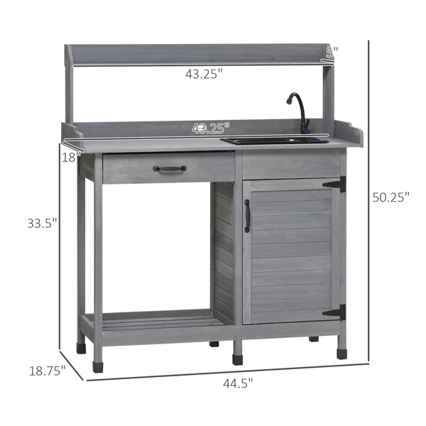   Gray Outdoor Potting Bench with Sink and Faucet ,Hooks,Storage Cabinet