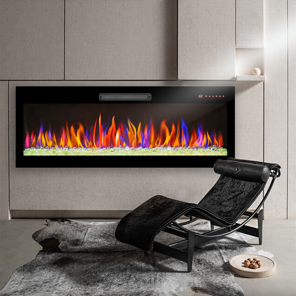 60 inch recessed ultra thin tempered glass front wall mounted electric fireplace with remote and multi color flame & emberbed, LED light heater