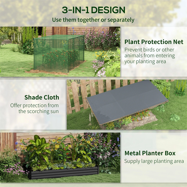 Gray Raised Garden Bed with Crop Cage and Shade Cloth 90.5" W x 43.25" D x 43.25" H