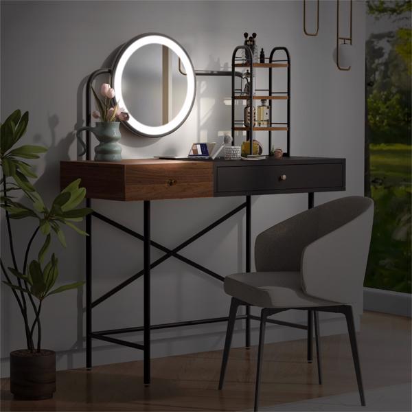 40" Makeup Vanity Desk with 3-Mode Lighted Mirror & Wireless Charging Station , Vanity Table with Drawer & 3 Open Shelves for Ample Storage Space, Dressing Table for Bedroom, Black(No stool included)