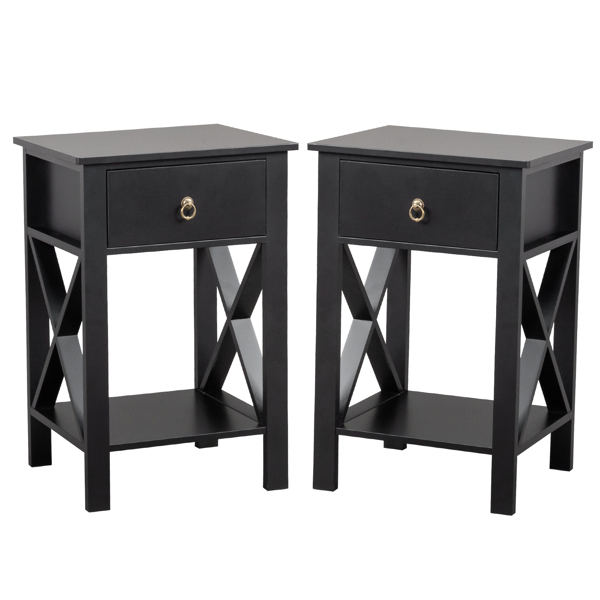 2PCS Side Intersection Style Bedside Table Coffee Table with Two-layer Drawer Black