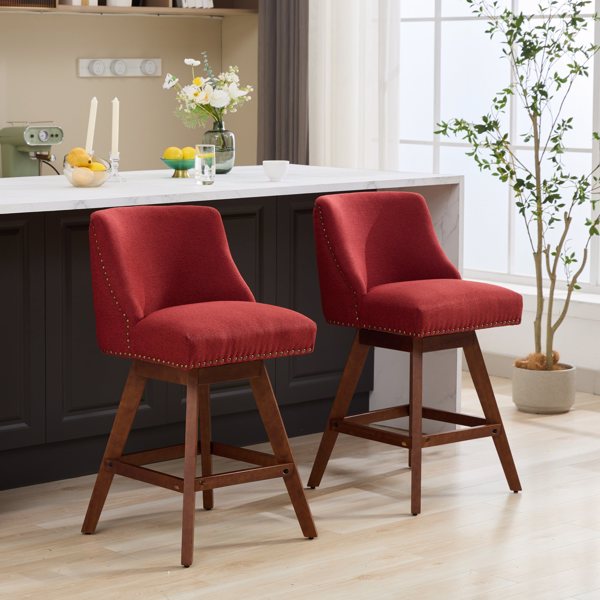 Counter Height Swivel Barstools, 26'' H Seat Height Upholstered Bar Stools Set of 2, Fabric in Wine Red