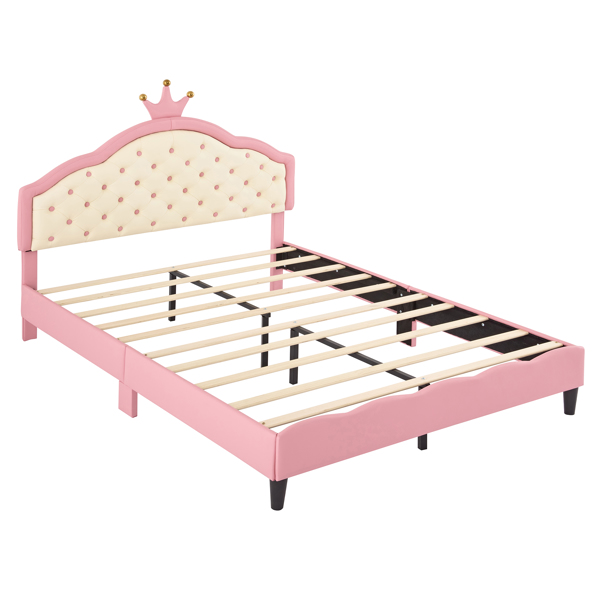 Full Size Lovely Crown Fantasy PU Leather Princess Bed with Tufted Headboard, Pink+Cream