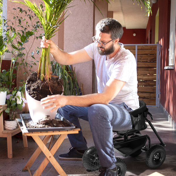 Rolling Garden Cart with Cushioned Backrest & Seat, Outdoor Gardening Stool for Planting, Garden Scooter with 360 Degree Swivel Seat & Steering Handle & Tool Tray, Black