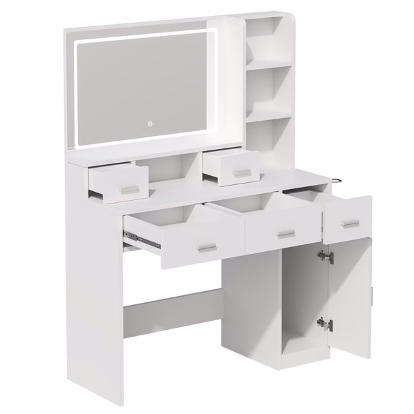 Desk With Mirror And Lights, White Makeup Vanity With Adjustable LED Mirror, Small Vanity Table With Charging Station & Storage