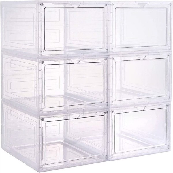 6 Pack Transparent Shoe Storage Boxes Hard Plastic Stackable Shoe Box Organiser