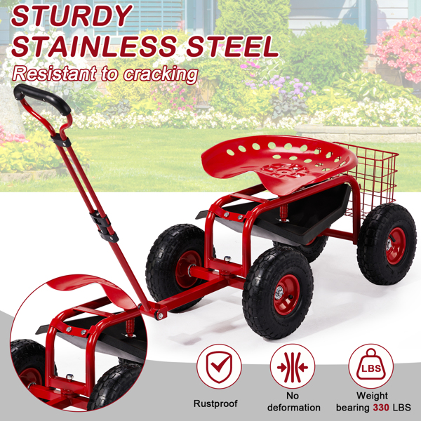 Rolling Garden Work Seat with Wheels, Garden Scooter with 360 Degree Swivel Seat & Extendable Handle & Tool Tray, Gardening Stool for Planting, Red