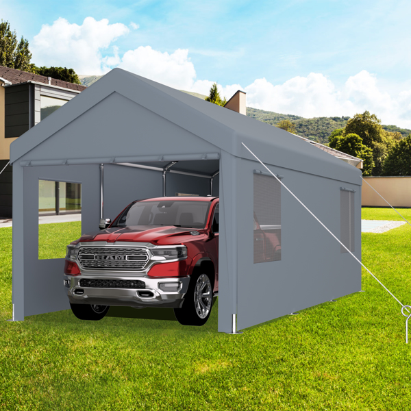 Carport 12' x 20' Portable Garage, Heavy Duty Car Port Canopy with 2 Roll-up Doors & 4 Ventilated Windows for Car, Truck, Boat, Garden Tools,grey