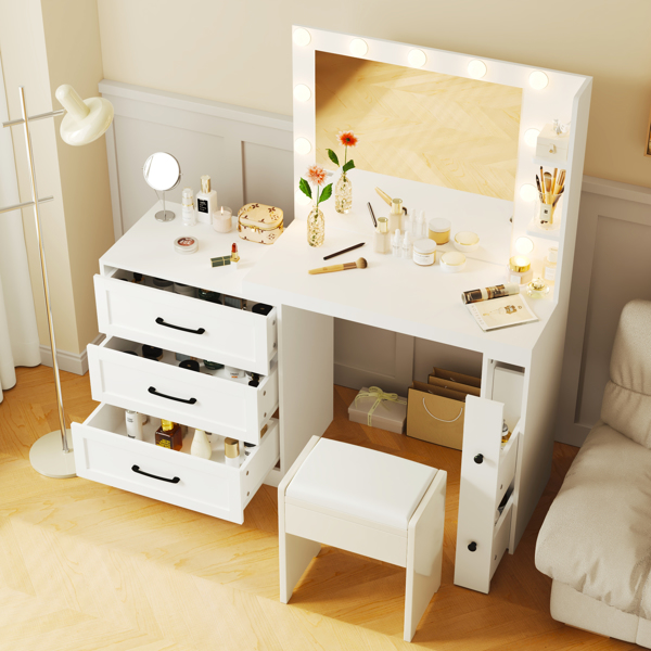 55.2" Vanity Desk with Freely Adjustable Side Cabinet, Makeup Vanity with Hollywood Lights, 5 Storage Drawers & 2-shelves, Modern Dressing Table, White（stool not included）