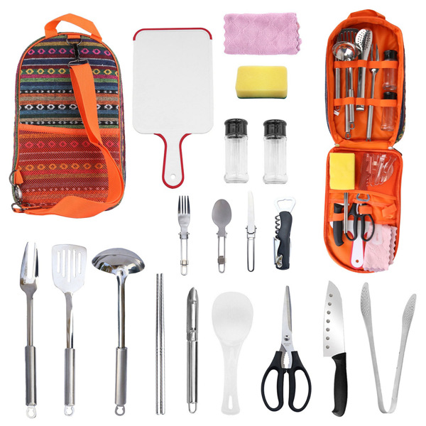 19Pcs Camping Cooking Utensil Kit Portable Picnic Cookware Outdoor Kitchen Equipment Gear Campfire Barbecue Appliances with Storage Bag