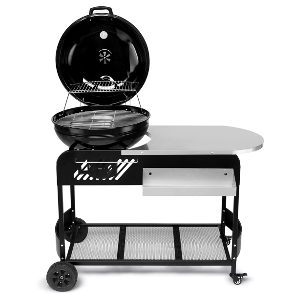 Portable Charcoal Grill with Cart, BBQ Charcoal Grill with Porcelain-Enameled Lid & Slide Out Ash Catcher Thermometer for Barbecue Camping Outdoor, Picnic, Backyard