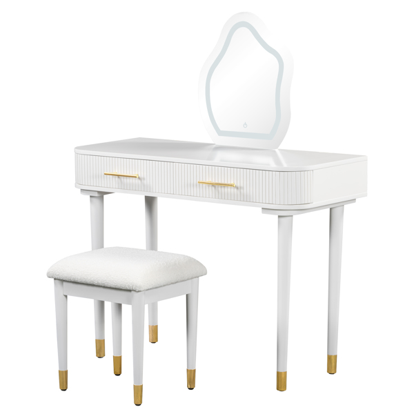 40" Modern Vanity Table Set with Mirror Touch Screen Lighted Mirror, Dressing Table and Cushioned Stool Set with 2 Large Drawers, White