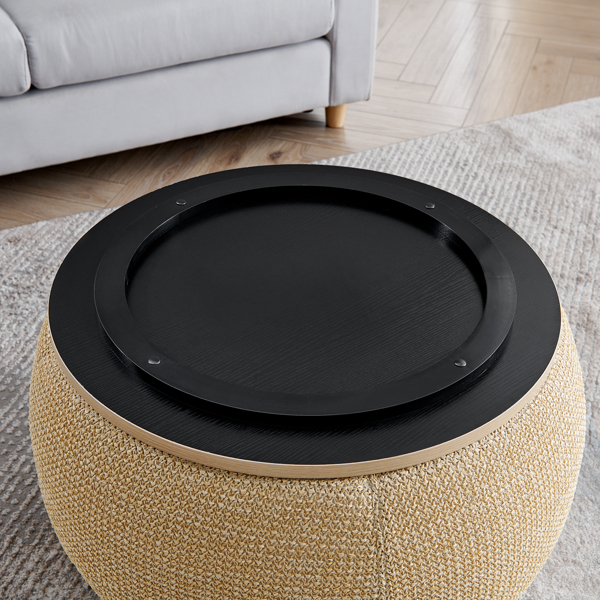 Round Storage Ottoman, Woven rattan fabric Ottoman, 2 in 1 Function, Work as End table and Ottoman,with small seat-nature(25"x25"x14.7")