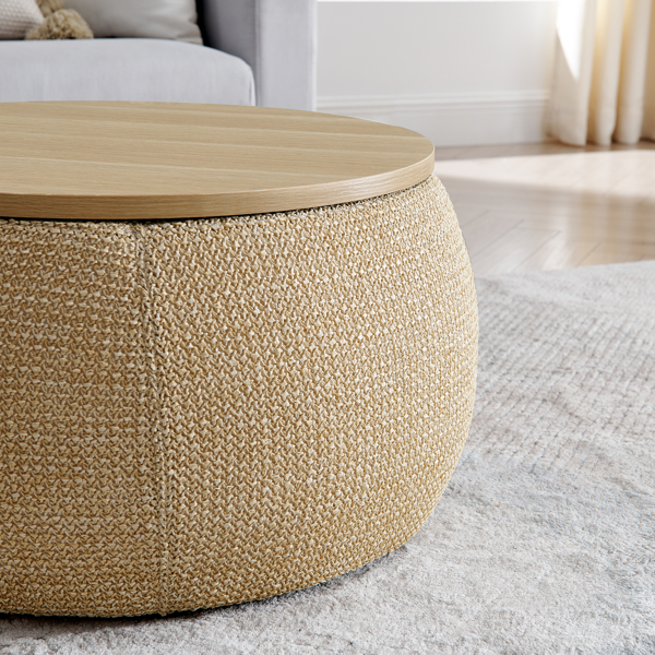 Round Storage Ottoman, Woven rattan fabric Ottoman, 2 in 1 Function, Work as End table and Ottoman,with small seat-nature(25"x25"x14.7")