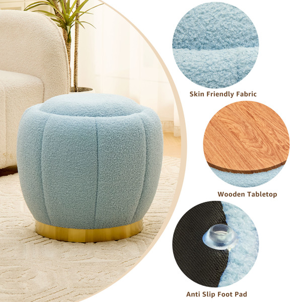 Storage Ottoman, Modern Round Floral Footrest with Soft Padded Seat, Teddy Velvet Footstool, Accent Small Table or Plant Stand for Hallway, Living Room (Blue)