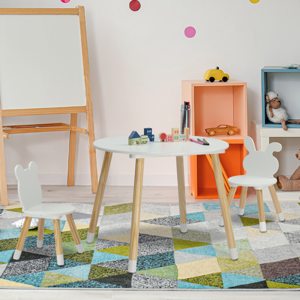 Kids Wood Table and Chairs Set, Toddler Play Table with 2 Chairs, 3 Pieces Children Multi-Activity Round Table for Play Art Craft Reading Learing Eating, White